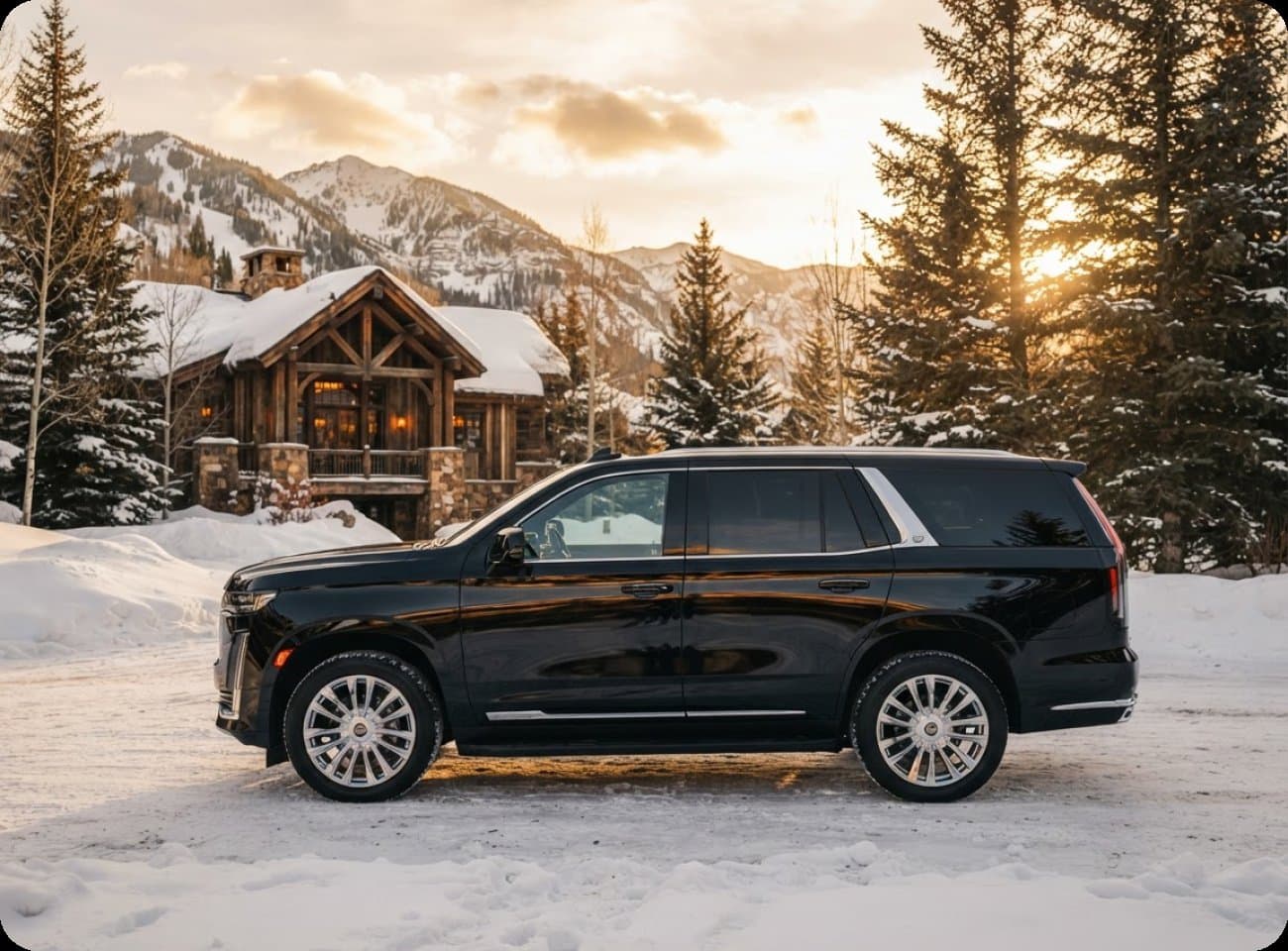 A black SUV parked outside a mountain lodge at sunset