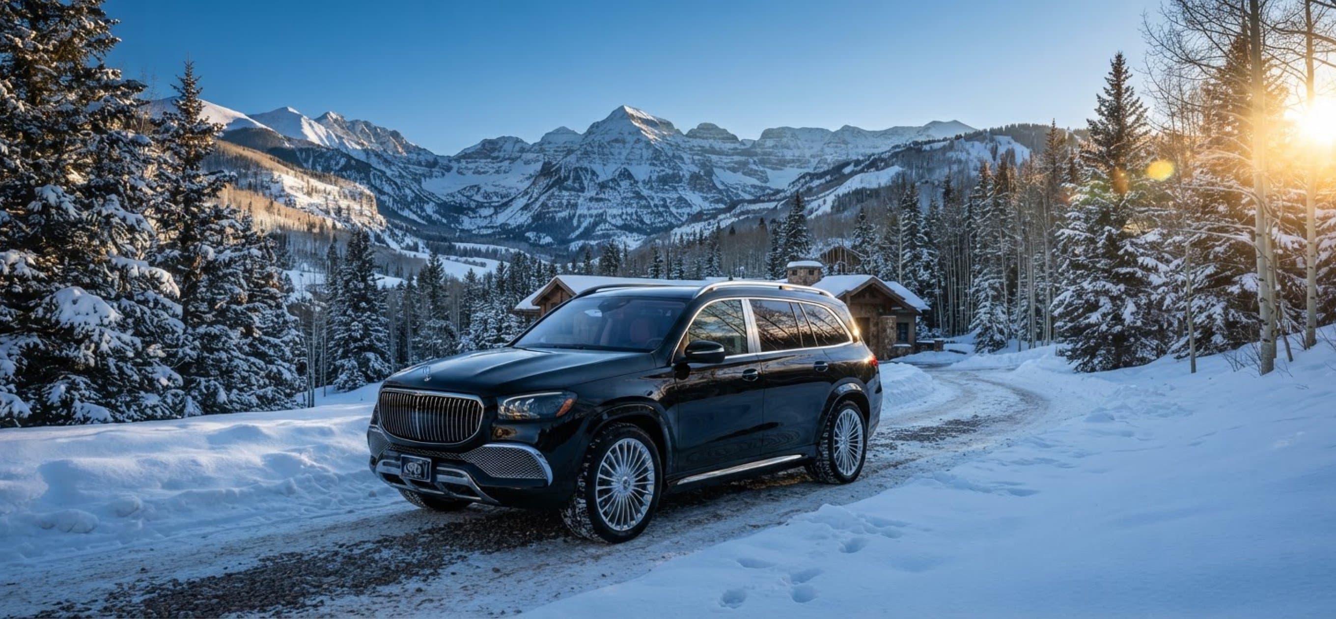 A black luxury SUV on a snowy road with the Aspen mountains behind