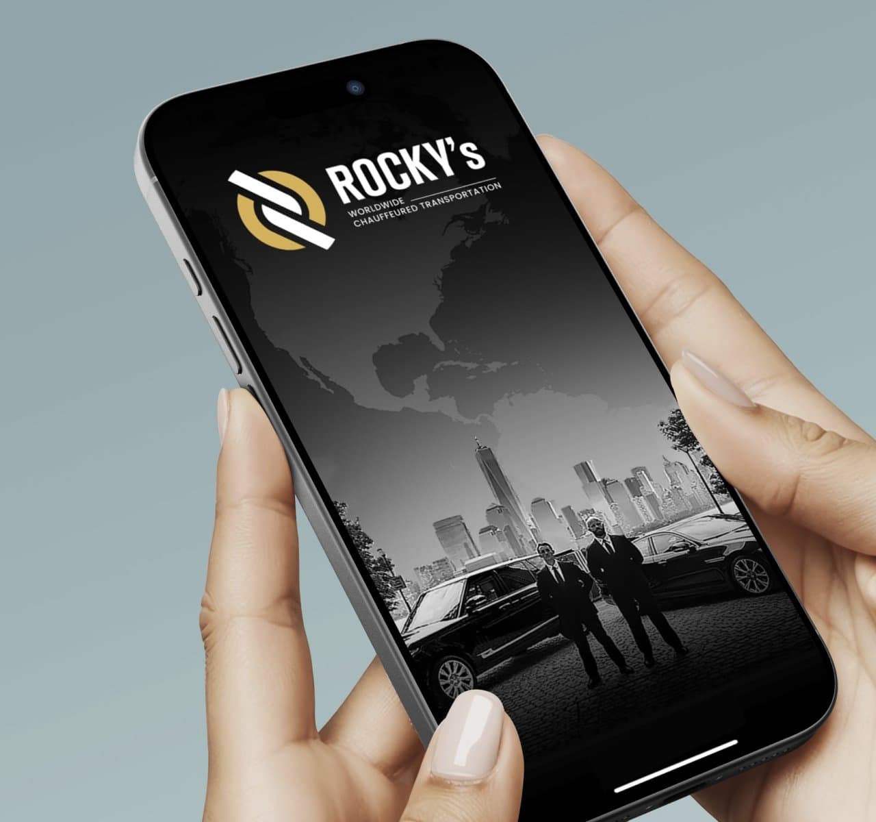 A hand holding a phone showing the Rocky's app