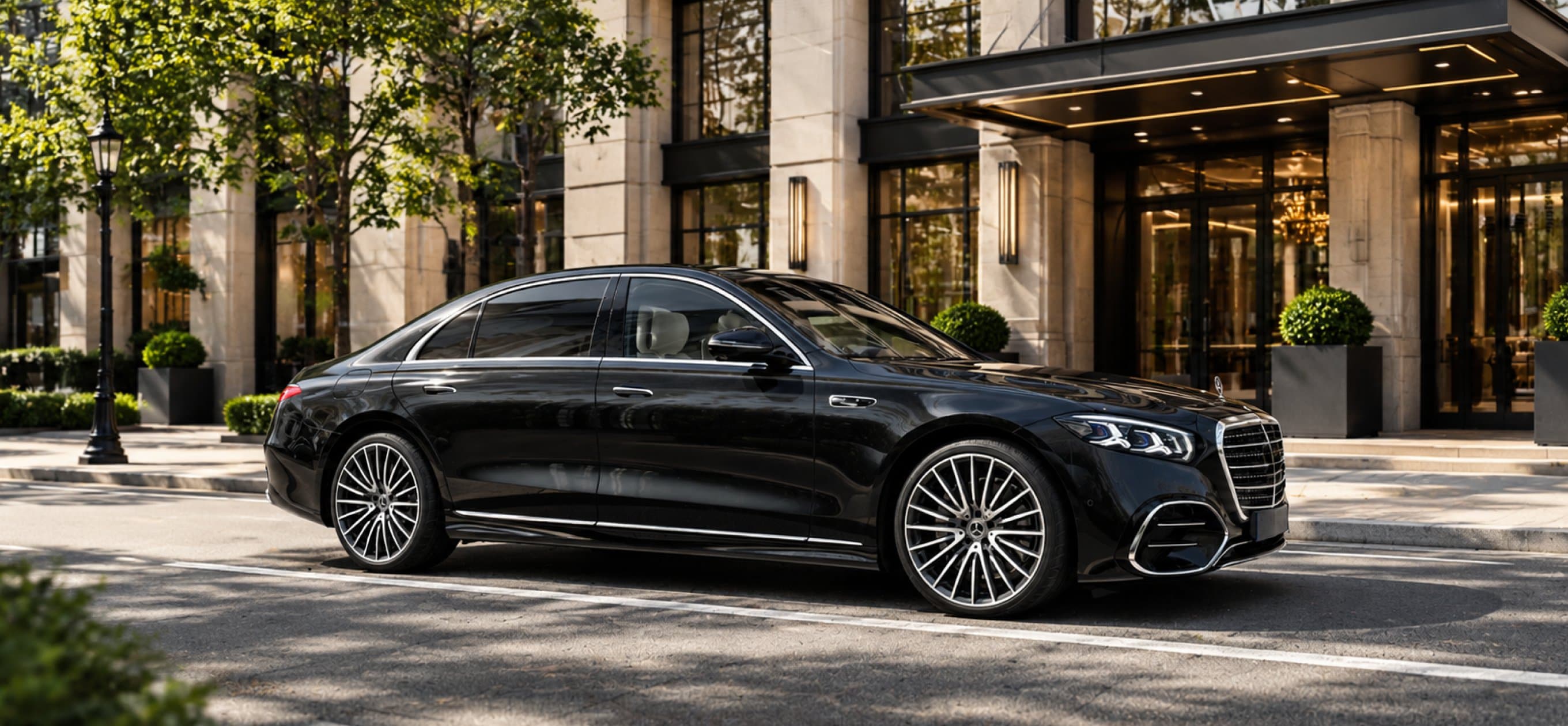 A black luxury sedan waiting outside a hotel entrance