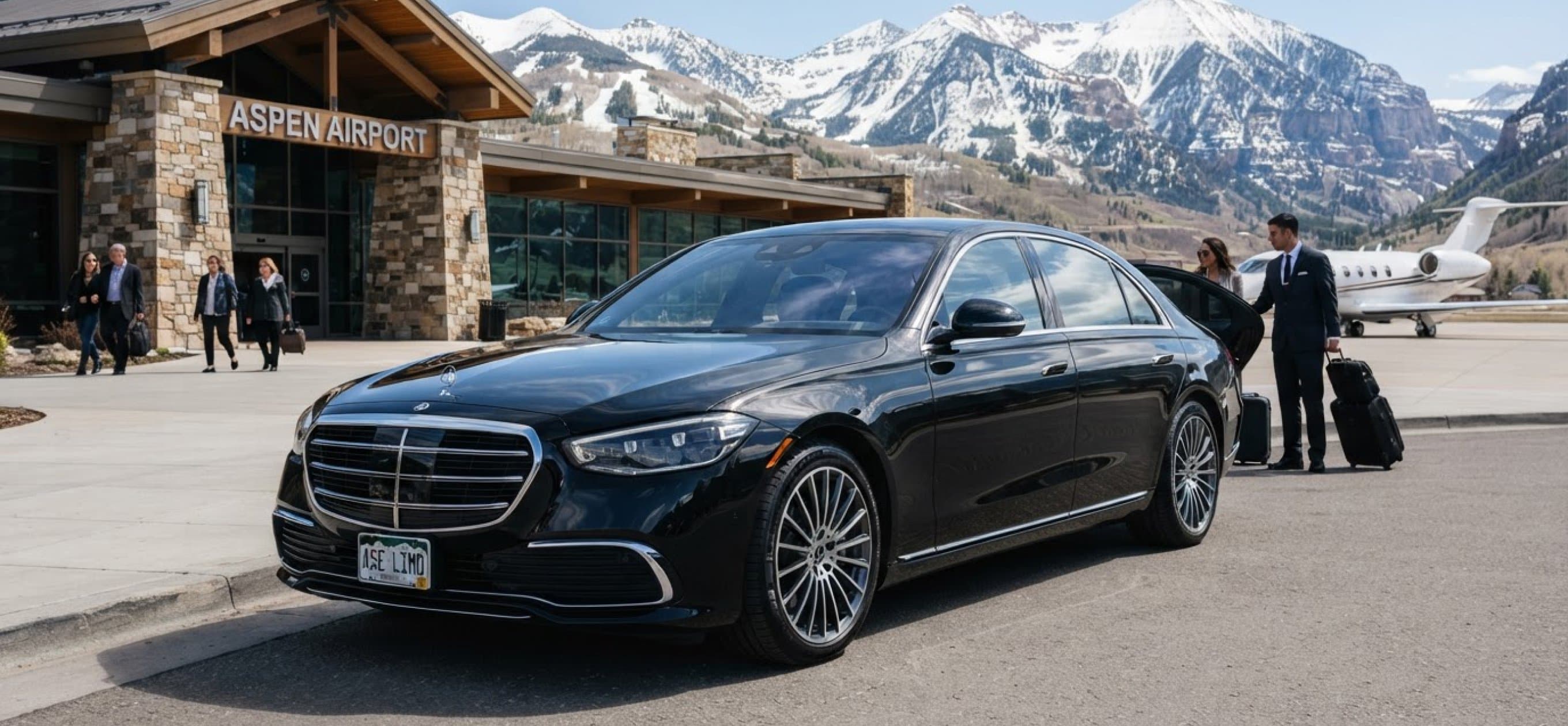 A chauffeur with luggage beside a black sedan at the Aspen airport