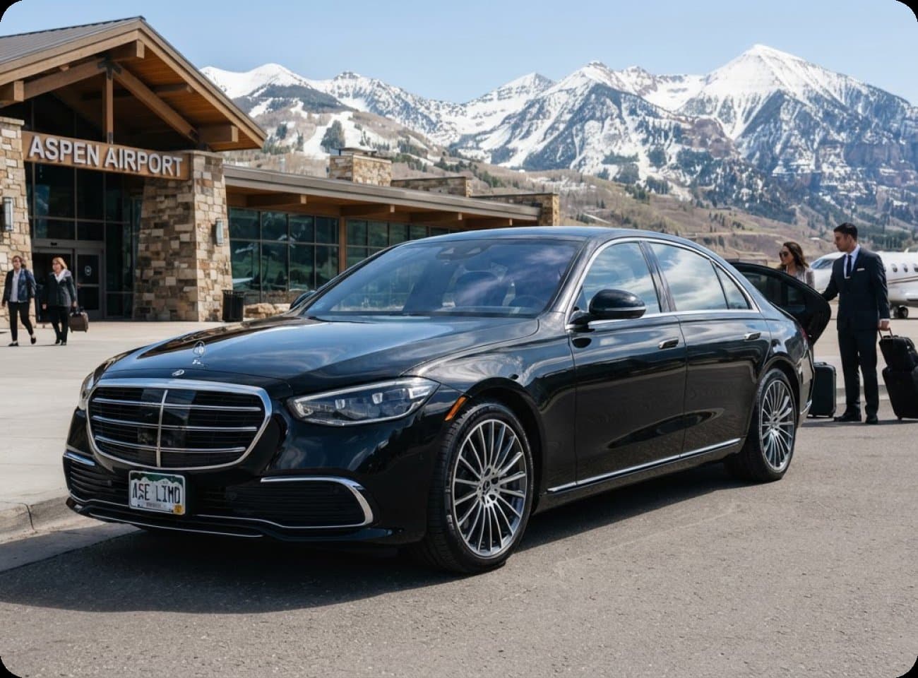 A chauffeur beside a black sedan outside the Aspen airport