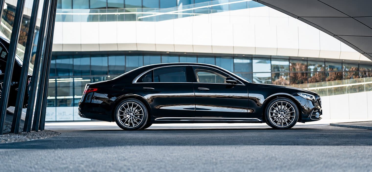 A black luxury sedan driving past a modern building