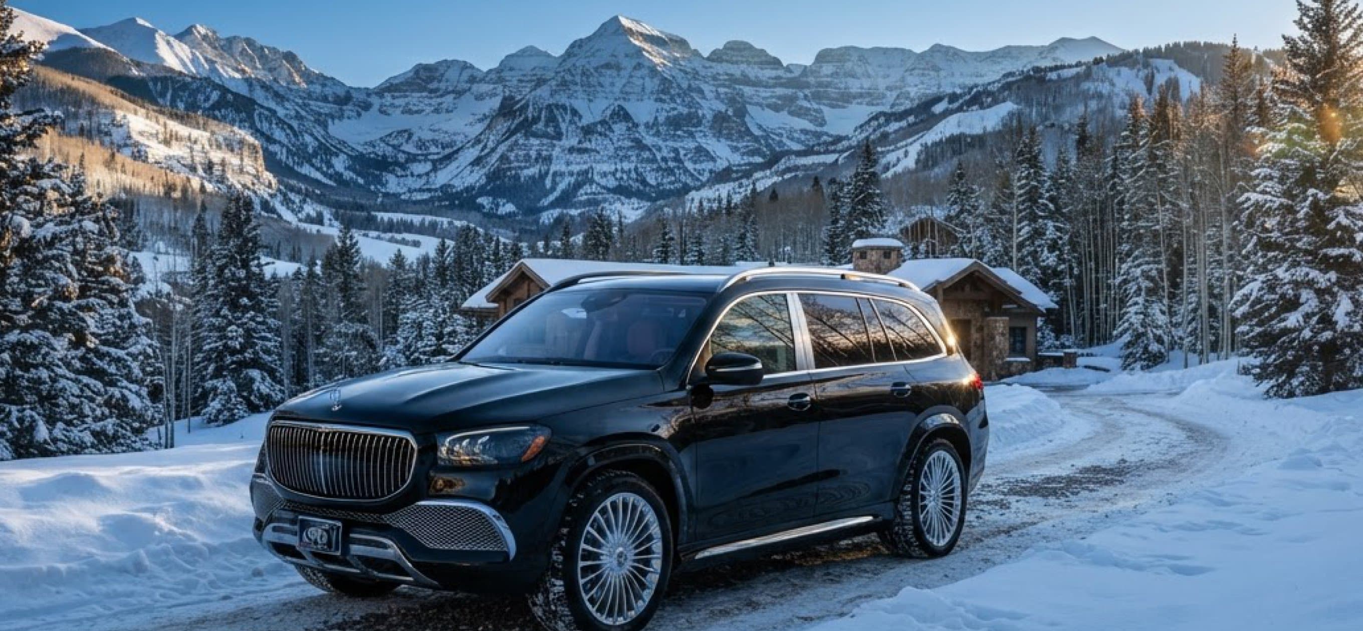 A black SUV driving along a snowy mountain road at sunset