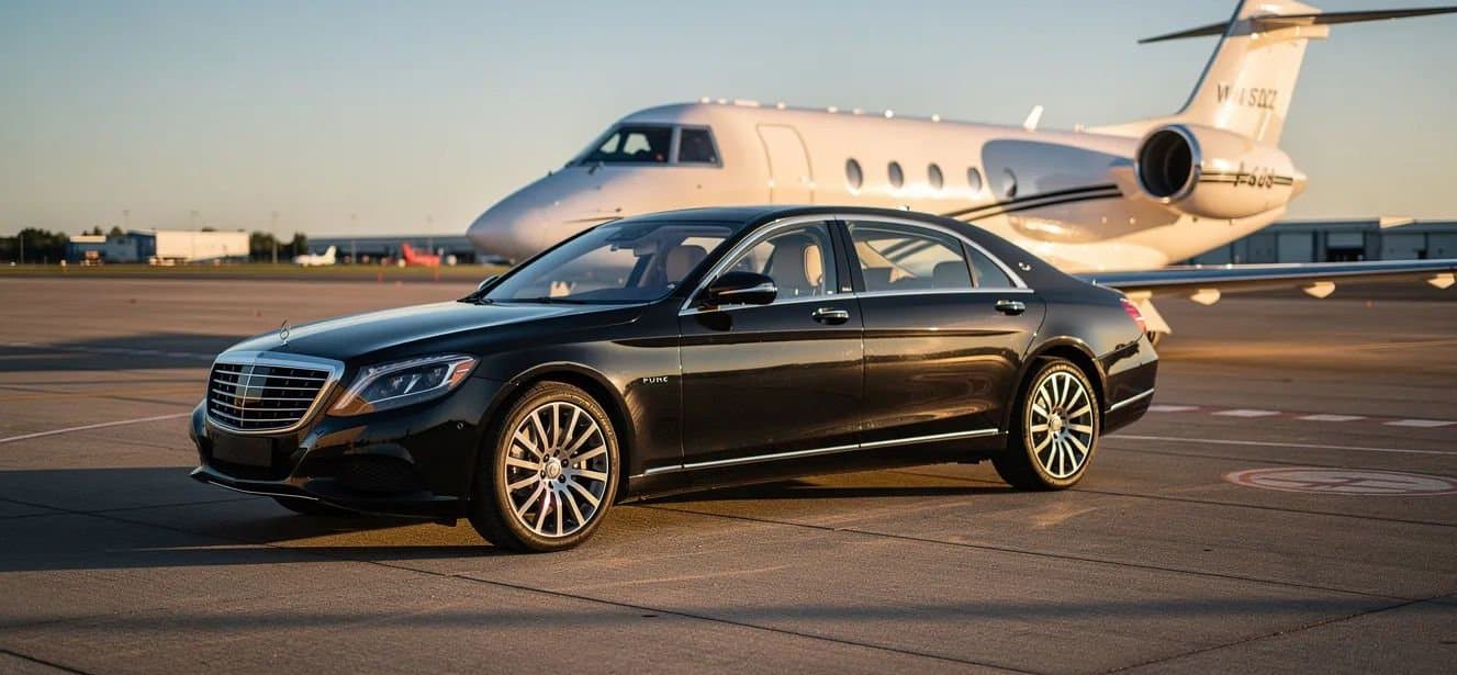 A black luxury sedan parked beside a private jet on an airport apron