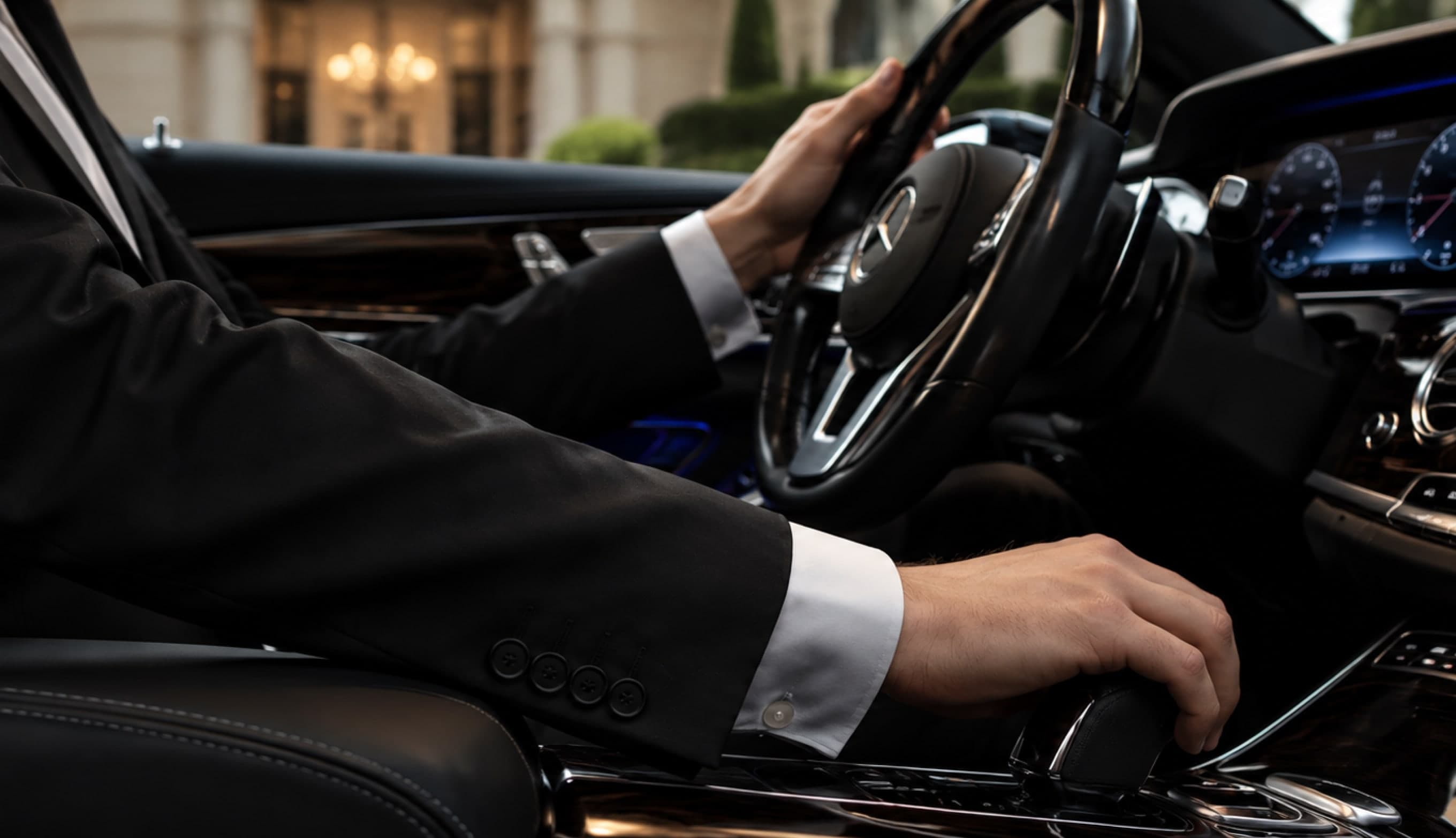 A chauffeur’s hand on the steering wheel of a luxury car