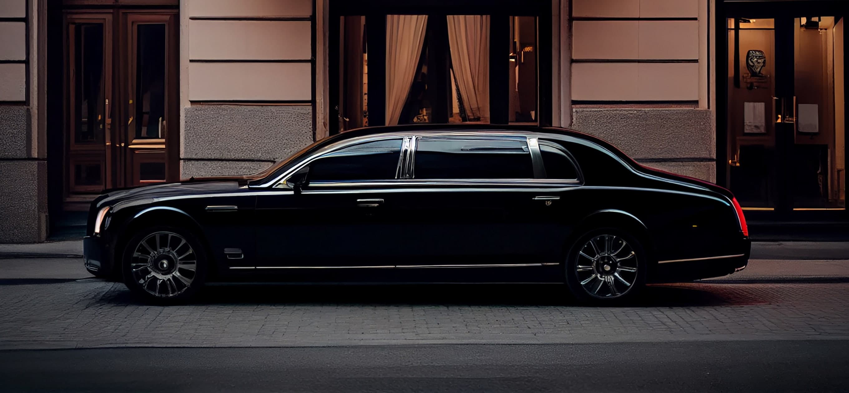 A black limousine parked outside an elegant building at dusk